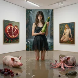 flooded gallery, painting of a tall emo girl holding a courgette in a flooded art gallery, paintings on the wall, pomegranates, waterfall, dripping faucet, pigs, octopus, berries, zen, sensual, surrealist, by magritte and monet