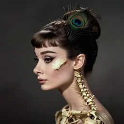 a audrey hepburn face in profile made of peacock feathers skeleton in the style of the dutch masters and gregory crewdson dark and moody