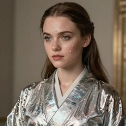 young winona ryder wearing a futuristic metal kimono, half body portrait, greg kutkowski, sharp details, soft lighting, subsurface scattering, pearls of sweat, glistening skin, warm lighting