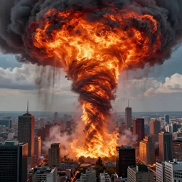 destructive fire tornado in the city, photorealistic, highly detailed, sharp focus, vivid, colorful, symmetrical, random, convoluted, mind - blowing, creative, fully functional, end of the world, physics defying