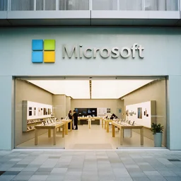 photograph of a 2022 Microsoft Samsung flagship store in the style of Denis Villeneuve, architecture magazine, dezeen, 50mm, pentax, film