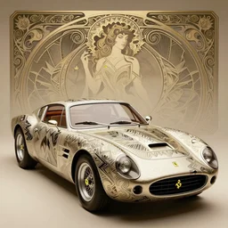 Art nouveau Ferarri car, fantasy, intricate zigzag designs, elegant, highly detailed, sharp focus, art by Artgerm and Greg Rutkowski and WLOP