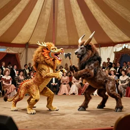 full-color photo taken in the 1970s of: Inside a circus tent, the anthropomorphic male lion Ringmaster is officiating a fierce battle between a fire-breathing Chinese dragon and an axe-wielding Minotaur, on a stage in front of an audience of dozens of seated fancy Victorian ladies and gentlemen. Professional promotional photograph; highly-detailed.