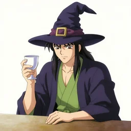 a mystical man with a goblet on the table, wizard hat, drawn by Naoko Takeuchi, tarot card