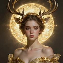 young woman with antlers, sad eyes,  fantasy, intricate, highly-detailed, elegant, gold, crown, flowers, dramatic lighting, glowing halo, gorgeous face, sexy gown, lifelike, photorealistic face, digital painting, artstation,  illustration, concept art, smooth, sharp focus, art by John Collier and Albert Aublet and Krenz Cushart and Artem Demura and Alphonse Mucha