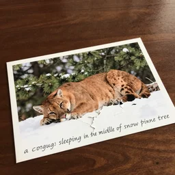 postcard showing 'a cougar sleeping in the middle of snowy pine tree' laying on coffee table and ripped up, zoomed out shot, HD, iphone capture