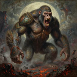 concept art of giant ape titan, lava rocks, lovecraftian, renaissance, roaring, melting horror, round moon, rich clouds, fighting the horrors of the unknown, overgrown, very detailed, volumetric light, mist, fine art, decaying, textured oil over canvas, epic fantasy art, very colorful, ornate scales