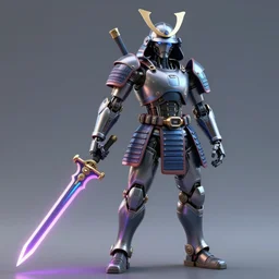 Cyborg Samurai holding neon weapon, octane render, prism highlights