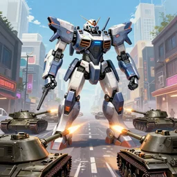 six meters tall mech shooting at tanks in a crowded street, action scene, high quality gloss art, anime, futuristic kitbash, trending on artstation