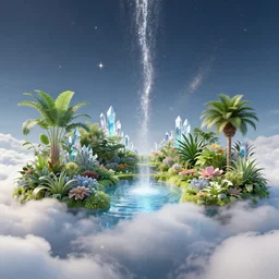 beautiful botanical garden in the sky, water flowing from bottom of clouds, crystals, stars in sky, light dust, by peter mohrbacher dan mumford craig mullins nekro, cgsociety, pixiv, volumetric light, 3 d render