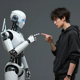 artist and robot point at eachother accusingly, digital art, detailed, trending on artstation