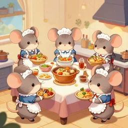 a team of cute anthropomorphic mouse girl maids preparing dinner in the kitchen. league of legends splash art