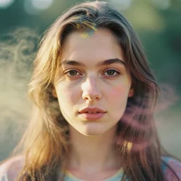 analog close up frontal face portrait photography of a beautiful woman surrounded by color powder by maxim nikolaev. vogue. kodak portra 8 0 0 film. ( depth of field ). whirl bokeh!!. golden hour. detailed. hq. realistic. warm light. muted colors. filmic. dreamy. lens flare. mamiya 7 ii, f / 1. 2, symmetrical balance, in - frame
