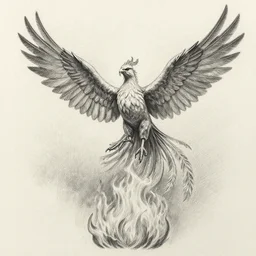 very details pencil drawing of a phoenix taking flight straight from the fire