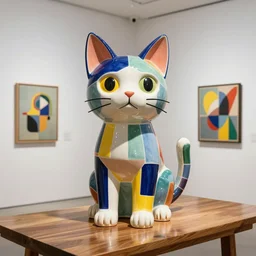 beautiful gallery show studio photograph of a giant realistic geometric ceramic sculpture of lil bub cat!!!!, heavily glazed by bridget riley and victor vasarely, placed on a polished wooden table, colorful hyperrealism 8 k trending on artstation