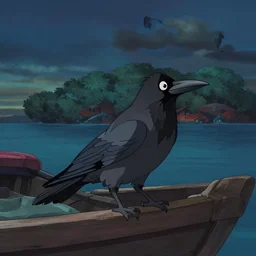a wholesome animation key shot of a crow on a boat in the night, island in the background, medium shot, studio ghibli, pixar and disney animation, sharp, rendered in unreal engine 5, anime key art by greg rutkowski, bloom, dramatic lighting