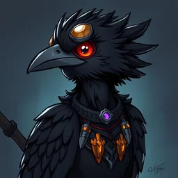 hard cyberpunk black bird. epic high fantasy character art. classic 1 9 8 0 cover art by cartoon network. cozy portrait at r / characterdrawing