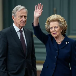 Harvey price waving to Margaret thatcher, volumetric lighting, isometric, cinematic, hyper realistic