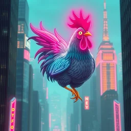 a neonpunk avatar chicken, flying over new york