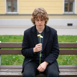 a swedish person sitting on a bench while holding a flower