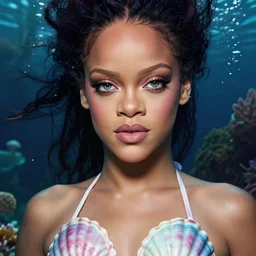 Rihanna as a mermaid with a piercing gaze wearing a shell bikini in an underwater magical forest, highly detailed face, realistic face, beautiful detailed eyes, fantasy art, in the style of artgerm, illustration, epic, fantasy, intricate, hyper detailed, artstation, concept art, smooth, sharp focus, ray tracing, vibrant, photorealistic