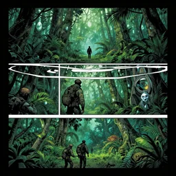 no border 3 panel graphic novel layout tropical rain forests cryogenic tears of hyperspace loneliness futuristic small unit tactics behind enemy lines littoral combat photorealistic graphic novel layout by michael komarck, greg rutkowski, victo ngai, artgerm, willem claesz heda and j. dickenson roger deakins john seale syd mead