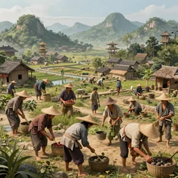 an intricate concept illustration, fantasy, asian farmers, ultra photorealistic, ultra sharp, artstation, cgsociety, masterpiece, octane render, by wylop, 8 k
