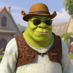 nicolas cage as shrek ogre, goatee, wearing bowler hat and sunglasses