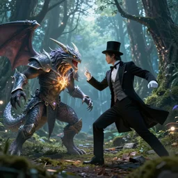 magician fighting a final fantasy monster in a forest, fantasy, magical lights, detail,