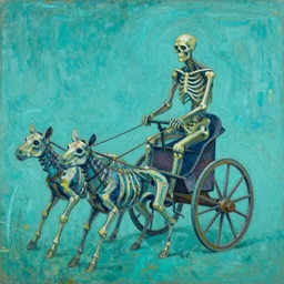 The body art features a human figure driving a chariot. The figure is skeletal and frail, with a large head and eyes. The chariot is pulled by two animals, which are also skeletal and frail. turquoise by Sean Scully, by Arthur Streeton melancholic, colorful