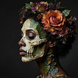 a beautiful black woman's face in profile made of leaf and floral 🌹💐 skeleton, in the style of the dutch masters and gregory crewdson, colorful hair, dark and moody aesthetic, 8 k, matte, intricate detail, hyper detailed, surrealism, fantasy, elegant,