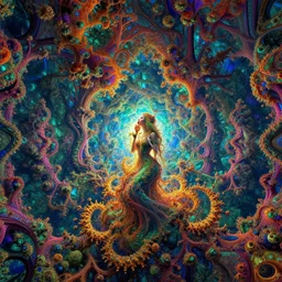 an abstract 3d mandelbrot fractal cascade of an ancient forest, a mysterious forest nymph is singing it into existence, kaleidescopic, vivid color palette, brilliant colors, intricate detail, mirror labyrinth, DMT imagery.  Octane render, PBR, path tracing, subsurface scattering.  By Syd Mead and Tyler Edlin and Paul Lehr and Albert Bierstadt.