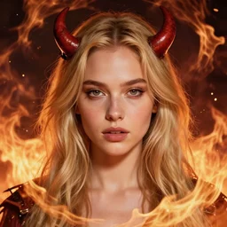 blond girl hell spawn surrounded by fire tornadoes, flawless symmetrical pretty cute face, ana de armas, greg rutkowski, 8 k, shallow depth of field, intricate detail, concept art,