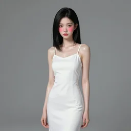 a digital art of a thin white girl with rosy cheeks, shiny arms, shoulder - length black hair, thin eyebrows, light pink lips, long white dress, studio lighting