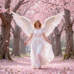 An angel in a spring forest full of pink petals, digital art, trending on artstation, HDR, By Thomas Kinkade