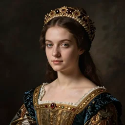 portrait of young woman in renaissance dress and renaissance headdress, art by folon