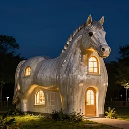 horse shaped house at night. bright lights inside the house. 4K photo