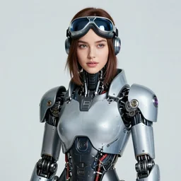 centered portrait photo of flirtatious young anna nicole smith as a solarpunk mecha humanoid robotic parts wearing goggles with bright lights, real human face, pudica pose by bouguereau, inside white room, ultra - realistic and detailed, 8 k