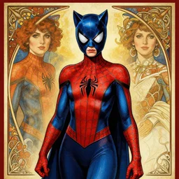 catwoman in the style of spiderman, spiderman patterns, red and blue by artgerm and greg rutkowski and alphonse mucha