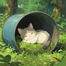 cute kitten sleeping in an overgrown oil drum in a forest, digital art, artstation, studio ghibli, by coolkyousinnjya