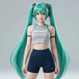 hatsune miku wearing crop gym top with white lettering, crop yoga short, Advertising photography by Stanley Artgerm Lau, Wlop, masterwork, cgstudio