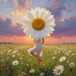 head made of giant daisies, girl dancing barefoot in a vast flower field, arms behind back, surreal photography, sunrise dramatic light, impressionist painting, colorful clouds, large sky, digital painting, artstation, simon stalenhag, flower face