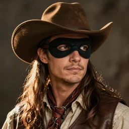 Tim Robinson dressed up as the lone ranger cowboy with eye mask, headshot portrait, detailed for TV show