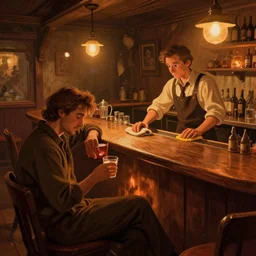 dimly - lit, intimate bar scene. a fireplace is lit for warmth. a single exhausted patron remains, finishing one last drink before the bar closes for the night. the barkeep is diligently scrubbing the countertop with a well - used rag. warm, comforting color scheme. whimsical fantasy digital art. wide - angle shot. classic americana art