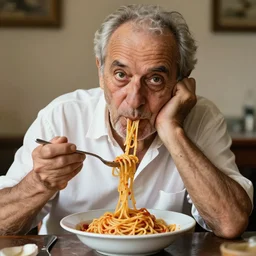 extremely detailed portrait of old italian cook, eating spaghetti from a bowl, using fork, eats one handed, resting head in one hand, lazy eyes, slurping spaghetti, dirty short sleeved shirt, full frame, award winning photo by letizia battaglia