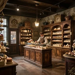 Inside an old fashioned sweet shop, fantasy vendor interior, wide angle, cinematic, highly detailed, cinematic lighting , photo-realistic, 1900s