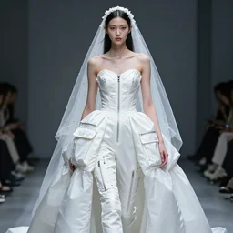 an early 0 0's cyber digital portrait of a futuristic beautiful girl detailed features wearing a wedding dress with a puffy skirt utility - chic trend. lots of zippers, pockets, synthetic materials, jumpsuits. by balenciaga and issey miyake by ichiro tanida and armin vit