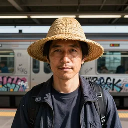 “simple and elegant portrait of a Japanese man with a rice paddy hat in the foreground. And a graffiti tagged Tokyo train station in the background. Modern streetwear techwear style”