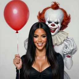 grunge cartoon painting of kim kardashian with a wide smile and a red balloon by chris leib, loony toons style, pennywise style, corpse bride style, horror theme, detailed, elegant, intricate