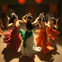 top angle shot of group of asian females dancing, masterpiece painted by jc leyendecker, 8 k, high detail, fantasy art, dnd, artstation,